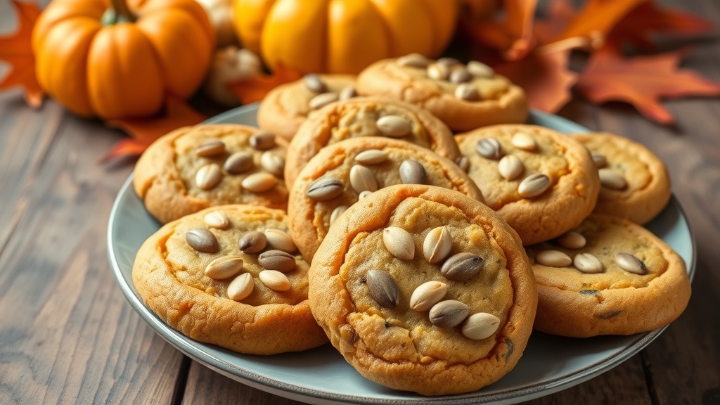 A plate of pumpkin sunflower seed cookies with sunflower seeds on top, surrounded by autumn decorations.